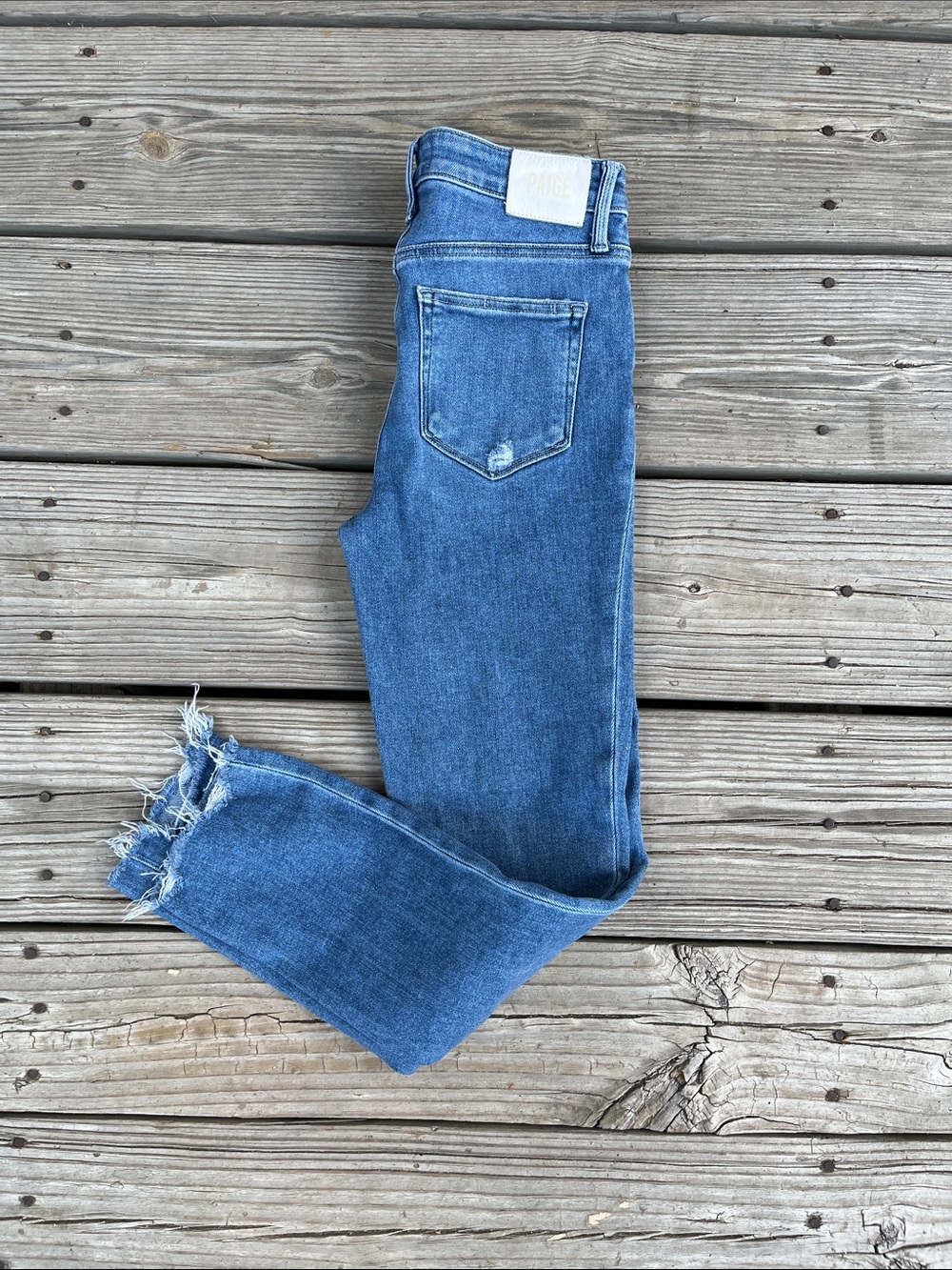 PAIGE Medium Blue Straight-Leg Jeans with Frayed Hem - Picture 2 of 3